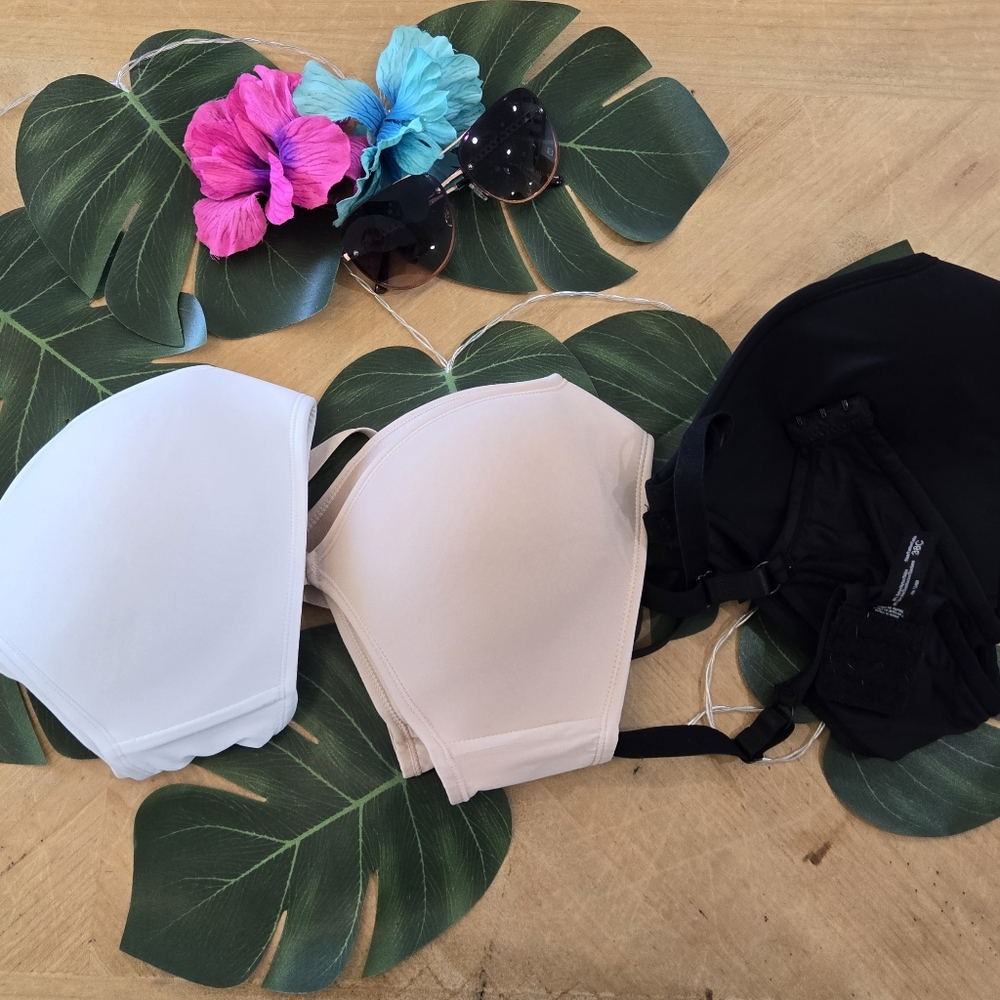 3-Pack Bras Size 38D Nude, Black, and White 3-clasp closures